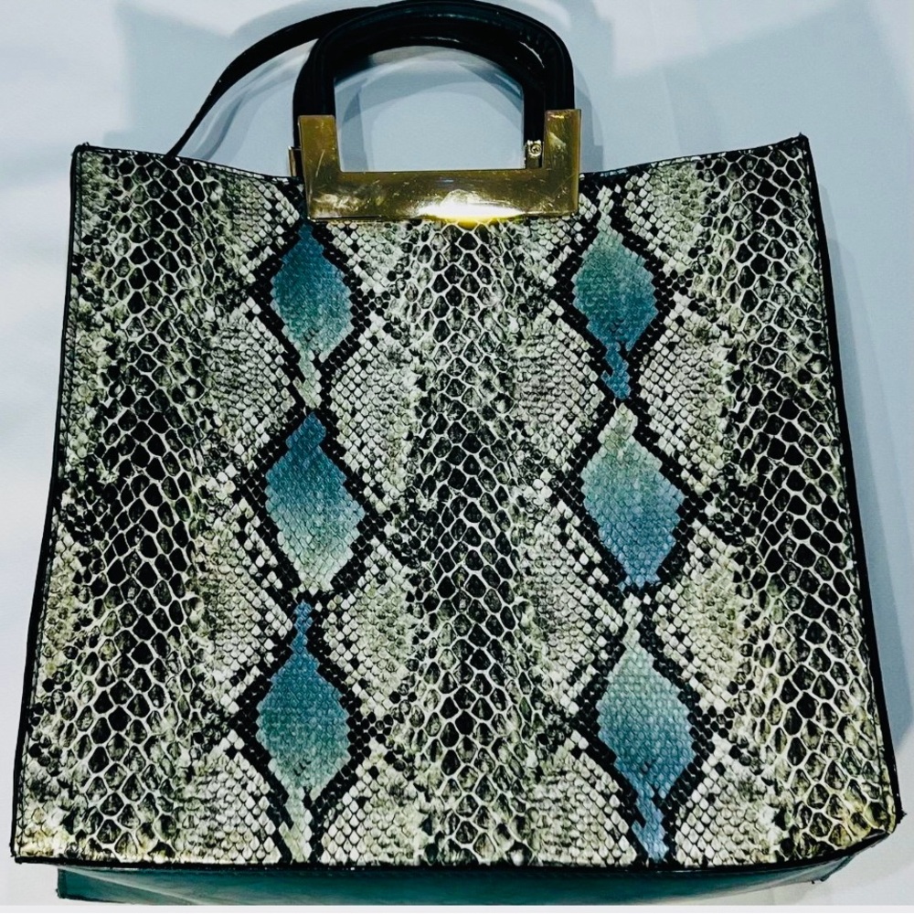 Neiman Marcus Black and Green snake textured Tote Bag